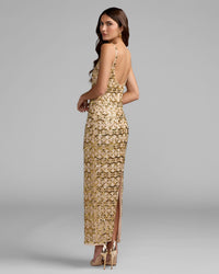 Mac Duggal #94376 nude gold embellished scoop neck column gown back view