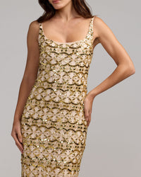 Mac Duggal #94376 nude gold embellished scoop neck column gown close-up