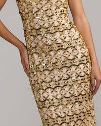 Mac Duggal #94376 nude gold embellished scoop neck column gown close-up