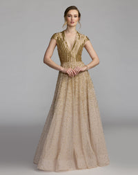 Mac Duggal #94386 gold v-neck beaded tulle a-line gown