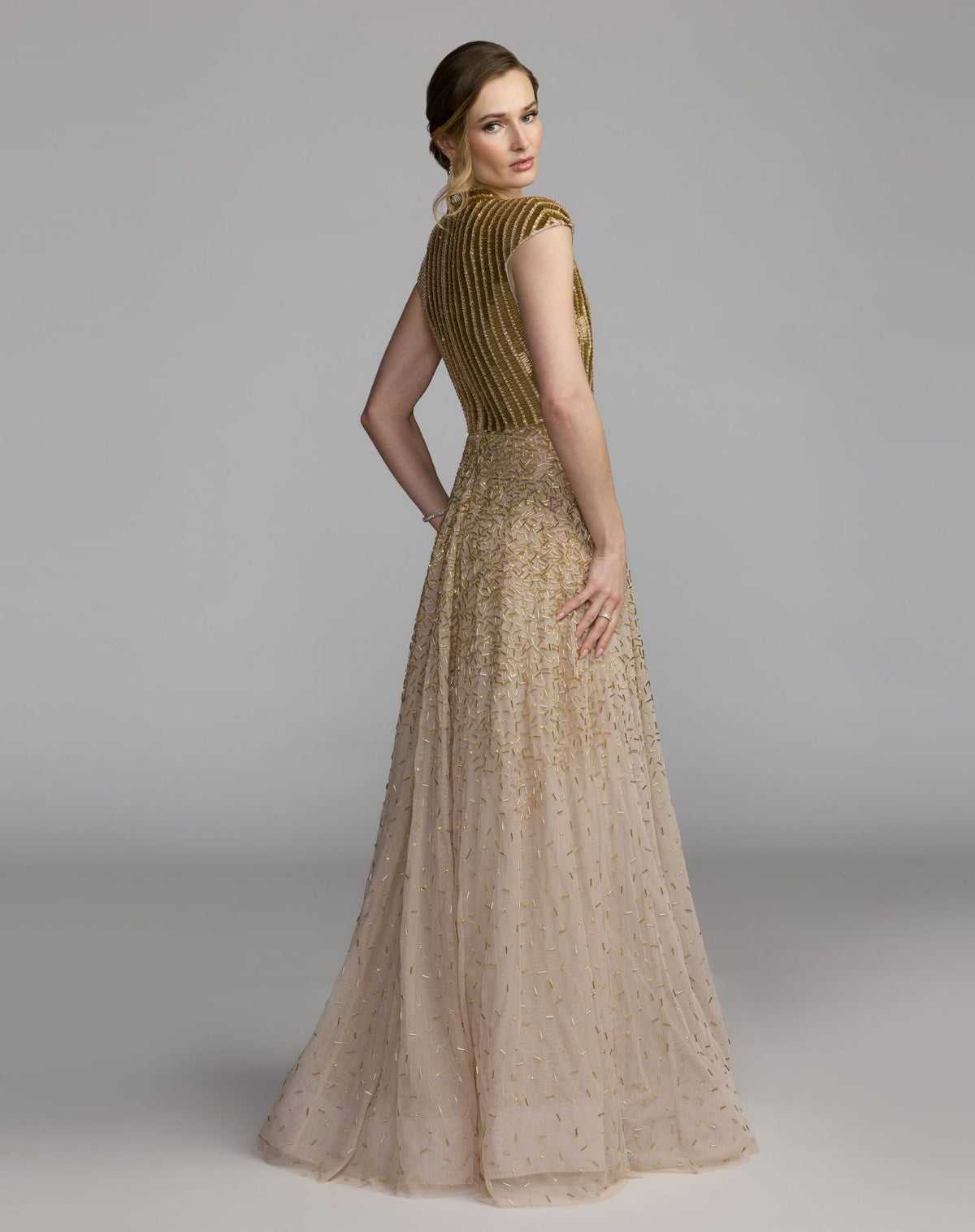 Mac Duggal #94386 gold v-neck beaded tulle a-line gown