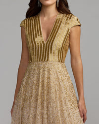 Mac Duggal #94386 gold v-neck beaded tulle a-line gown