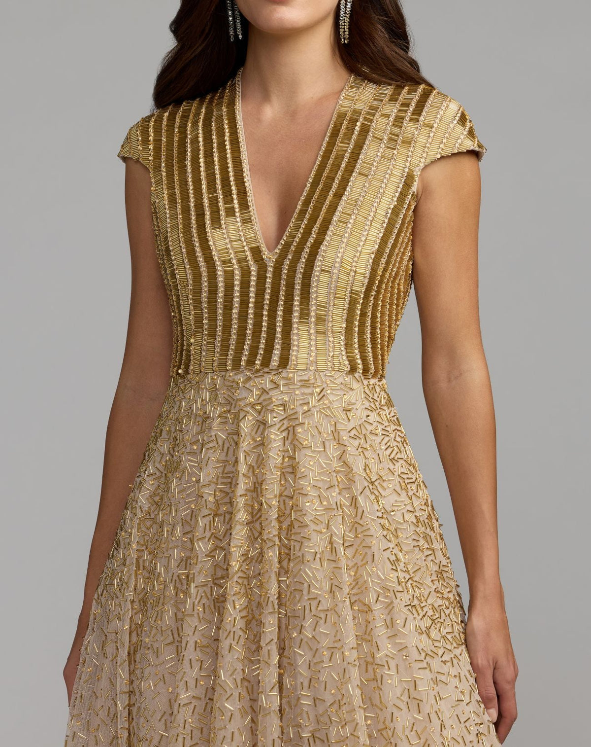 Mac Duggal #94386 gold v-neck beaded tulle a-line gown