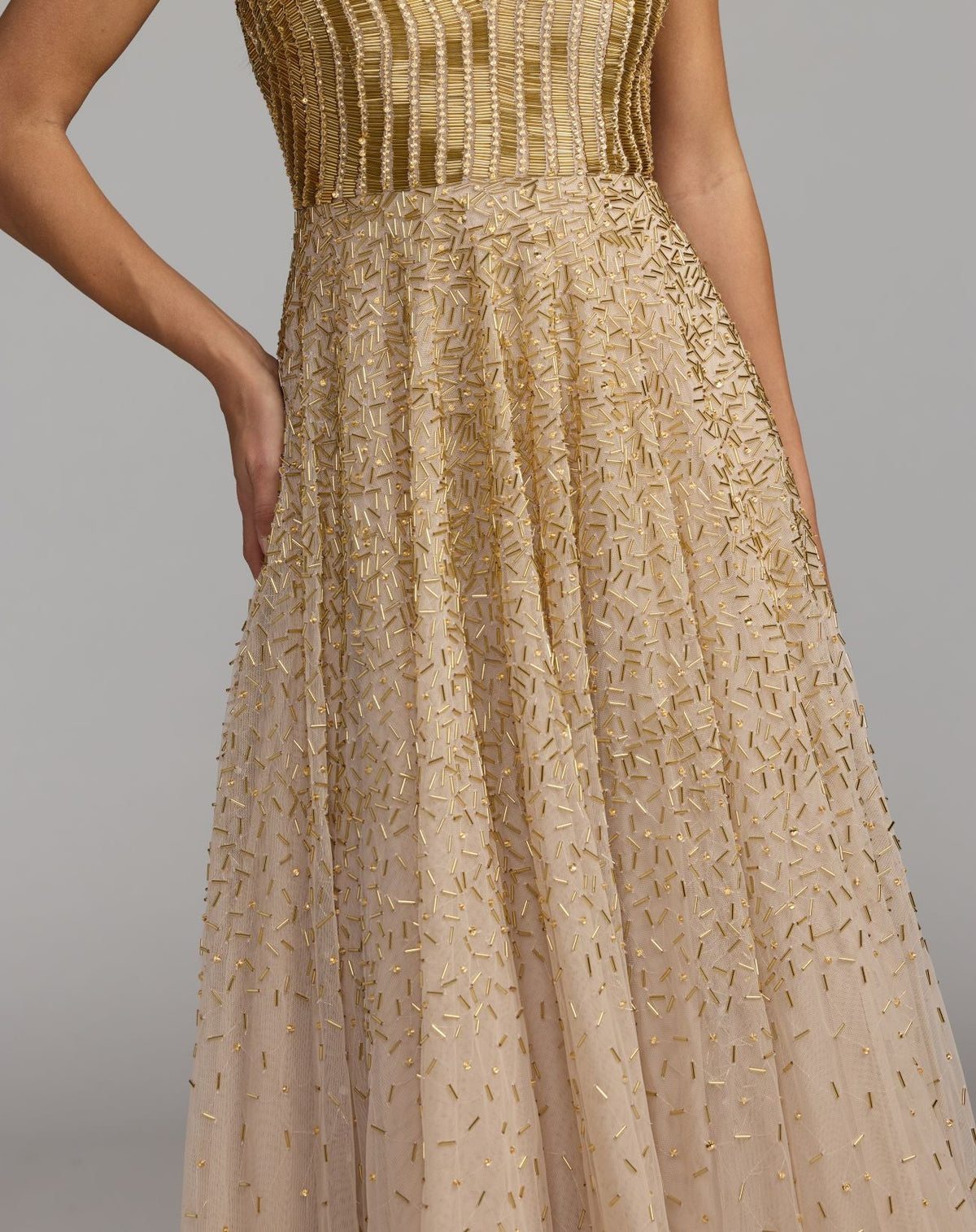 Mac Duggal #94386 gold v-neck beaded tulle a-line gown