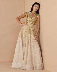Mac Duggal #94386 gold v-neck beaded tulle a-line gown