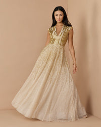 Mac Duggal #94386 gold v-neck beaded tulle a-line gown