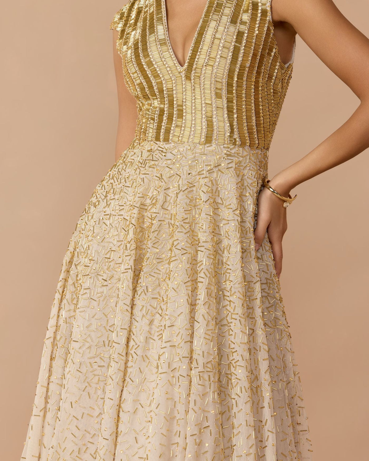 Mac Duggal #94386 gold v-neck beaded tulle a-line gown