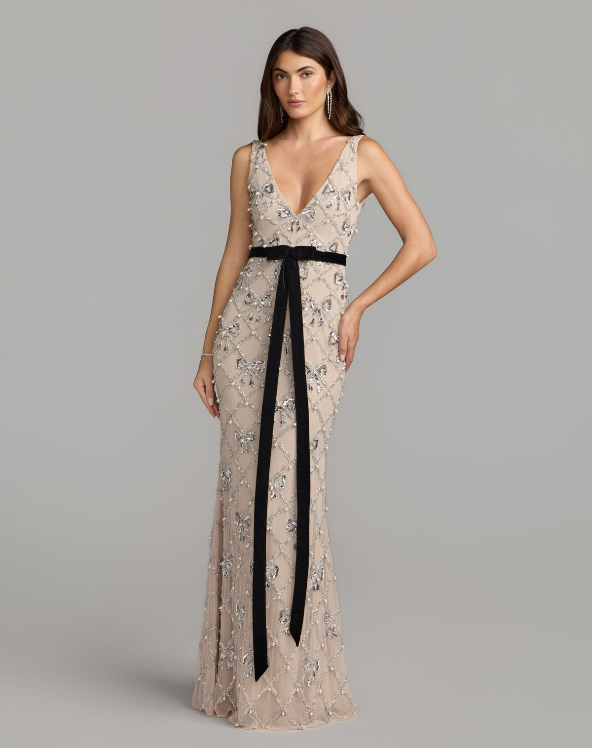 Mac Duggal #94390 nude silver beaded bow V-neck gown
