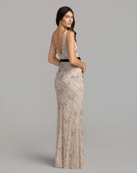 Mac Duggal #94390 nude silver gown low V-back