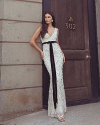 Mac Duggal #94390 nude silver bow gown lifestyle