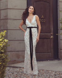 Mac Duggal #94390 nude silver embellished evening gown