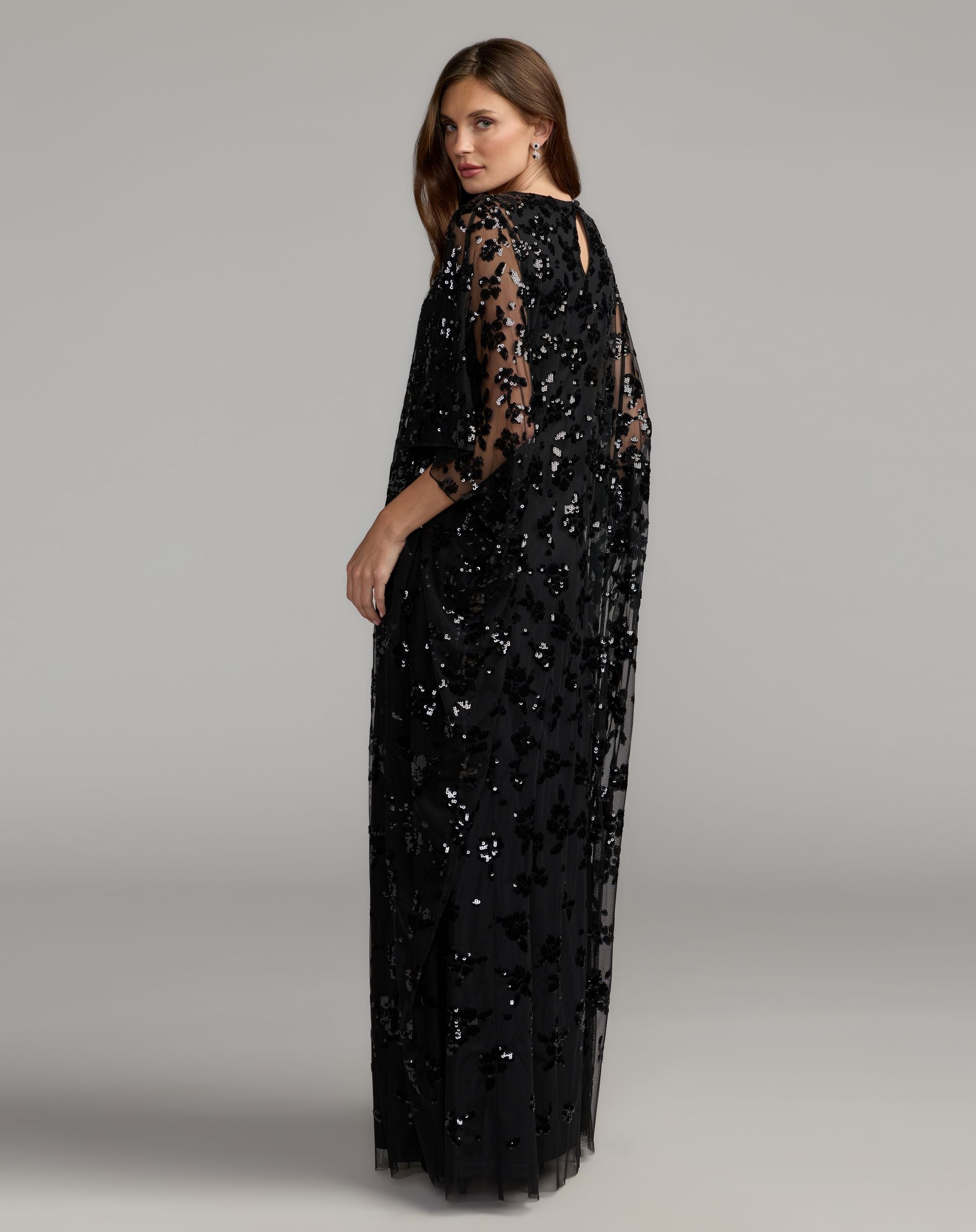 Mac Duggal #9441 black sequin kaftan gown back view with keyhole