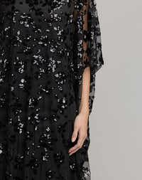 Mac Duggal #9441 black kaftan gown sheer cape sleeve detail