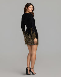Mac Duggal #94422 black gold velvet long sleeve mini dress back