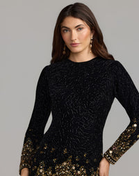 Mac Duggal #94422 black gold velvet long sleeve mini dress close-up