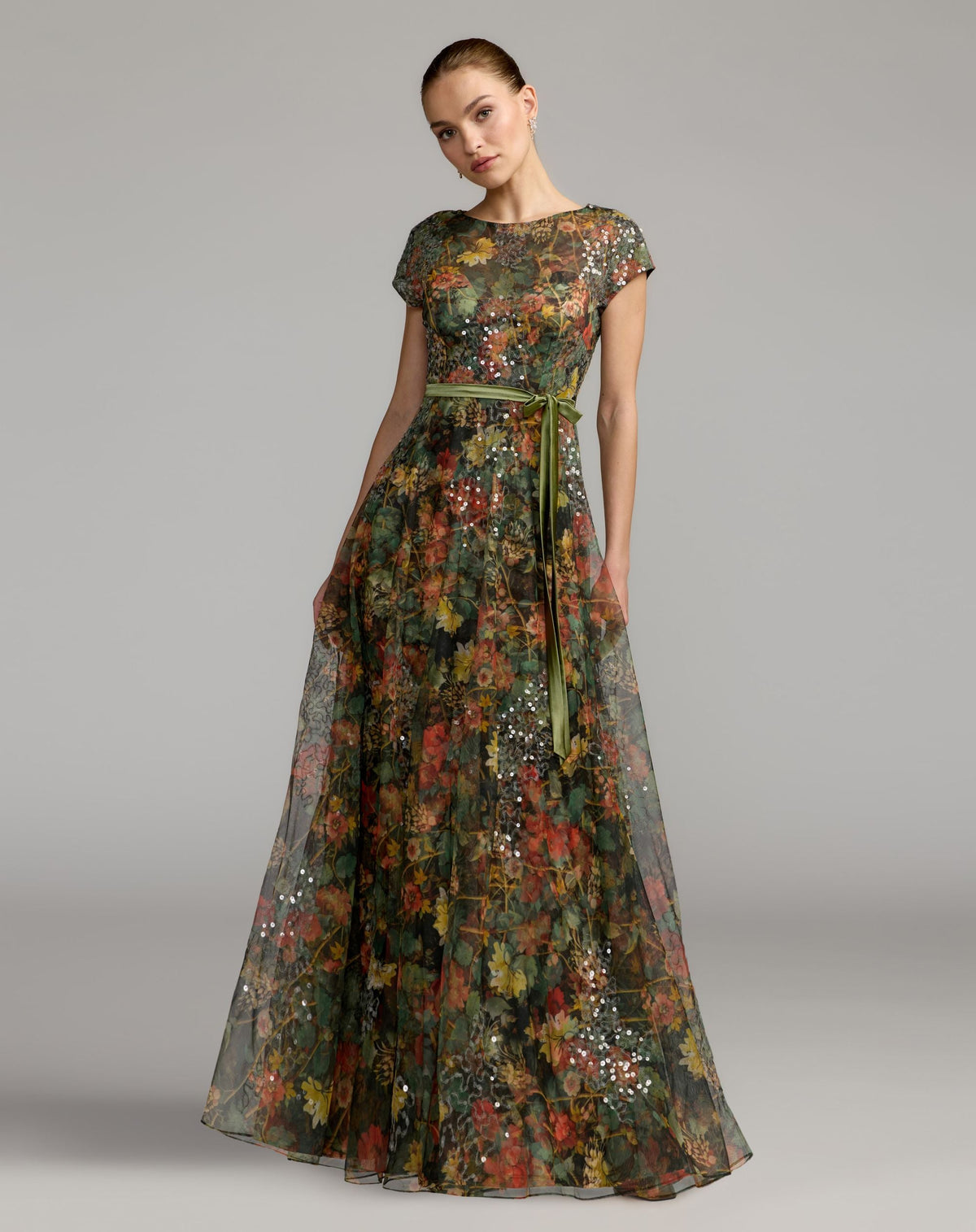Mac Duggal #94444 chocolate multi floral belted a-line gown