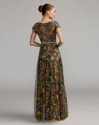 Mac Duggal #94444 chocolate multi floral belted a-line gown back view