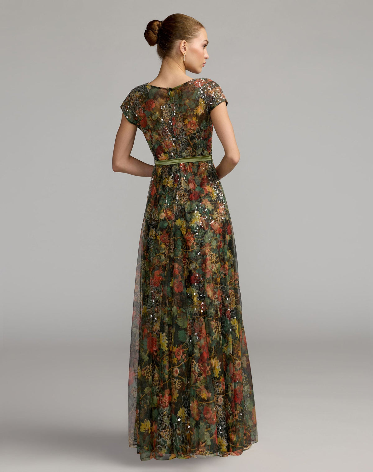 Mac Duggal #94444 chocolate multi floral belted a-line gown back view