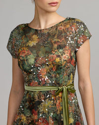 Mac Duggal #94444 chocolate multi floral belted a-line gown close-up