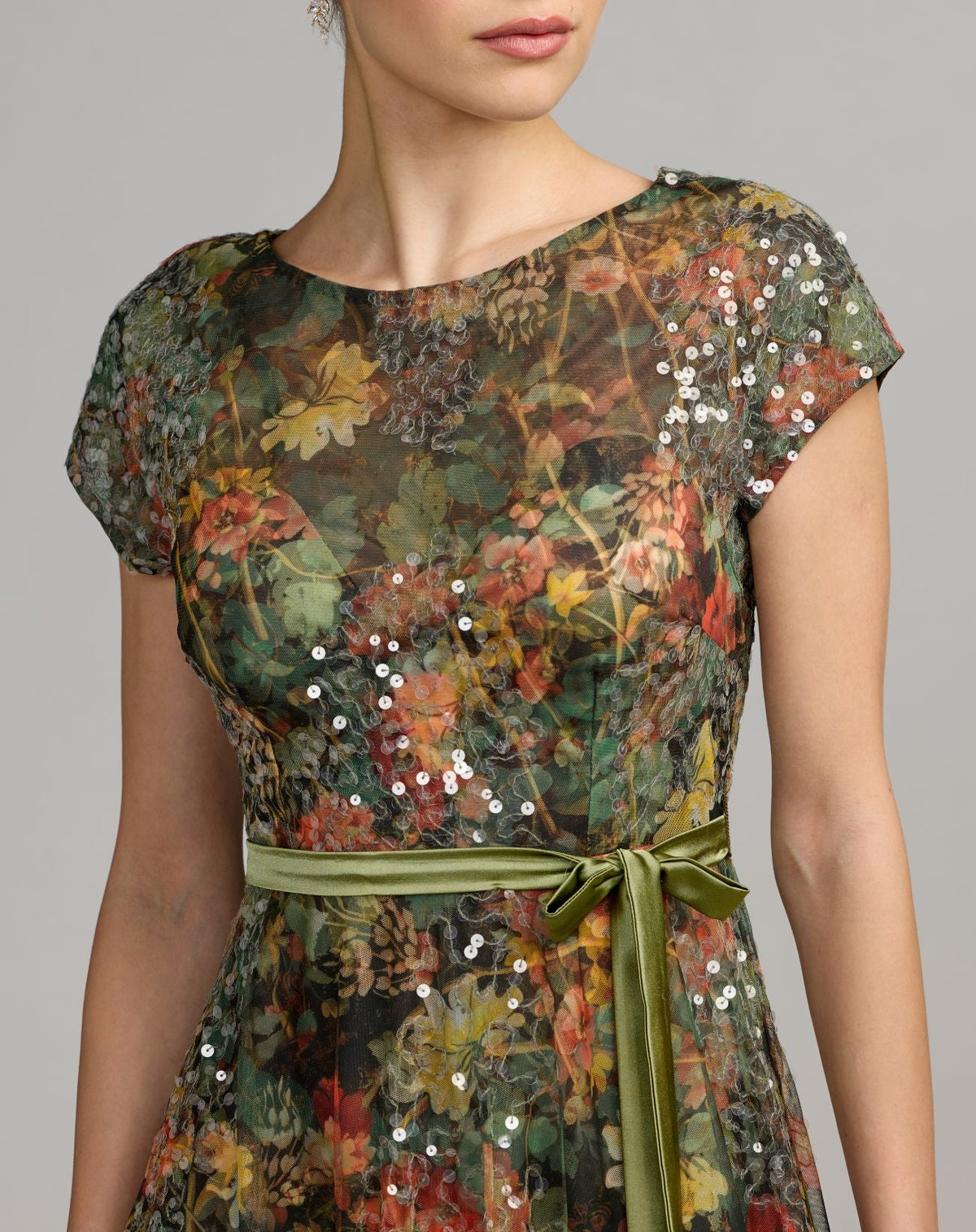 Mac Duggal #94444 chocolate multi floral belted a-line gown close-up