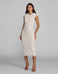 Mac Duggal #9446 Lace Midi Dress With 3D Floral Appliqués Ivory Nude