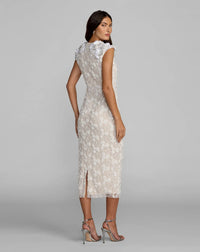 Mac Duggal #9446 Lace Midi Dress With 3D Floral Appliqués Ivory Nude back view