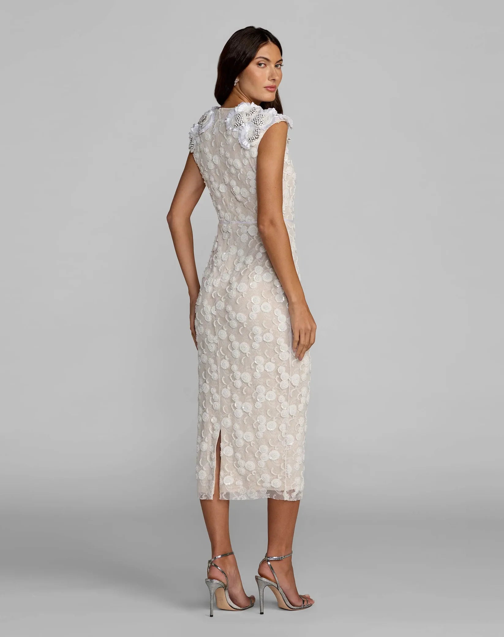 Mac Duggal #9446 Lace Midi Dress With 3D Floral Appliqués Ivory Nude back view