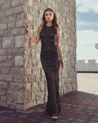 Mac Duggal #94157 black embellished sheer halter gown lifestyle