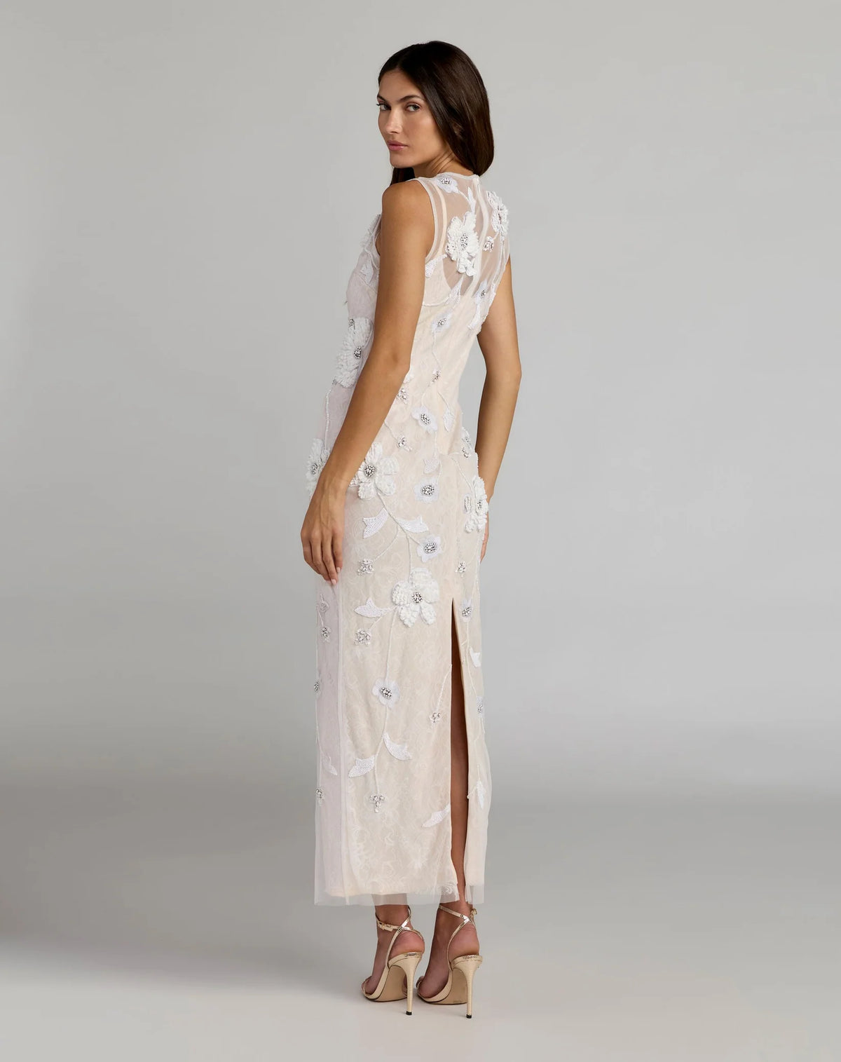 Mac Duggal White Sleeveless Embellished Lace Column Dress #9465