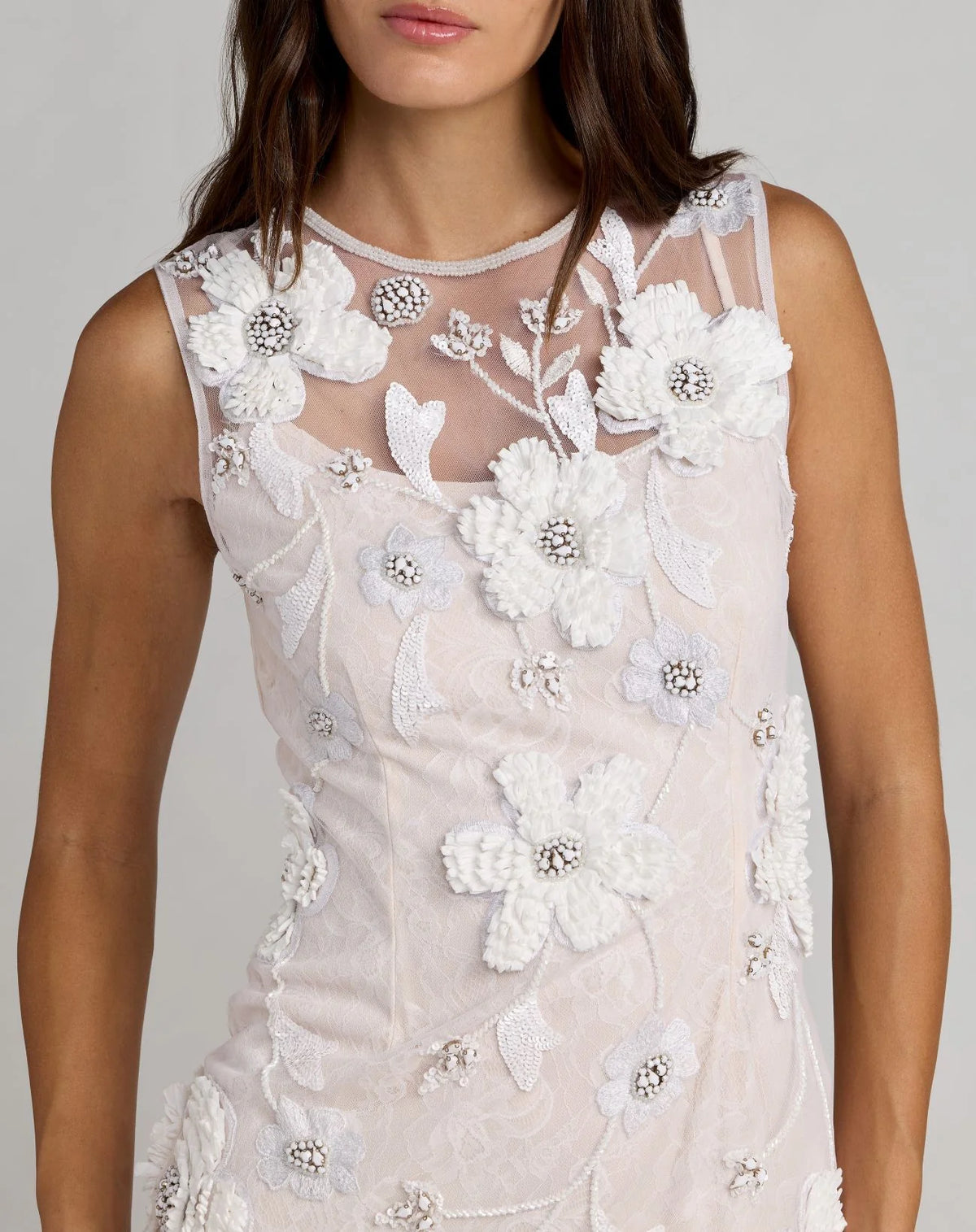 Mac Duggal White Sleeveless Embellished Lace Column Dress #9465