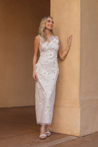 White sleeveless embellished lace column dress