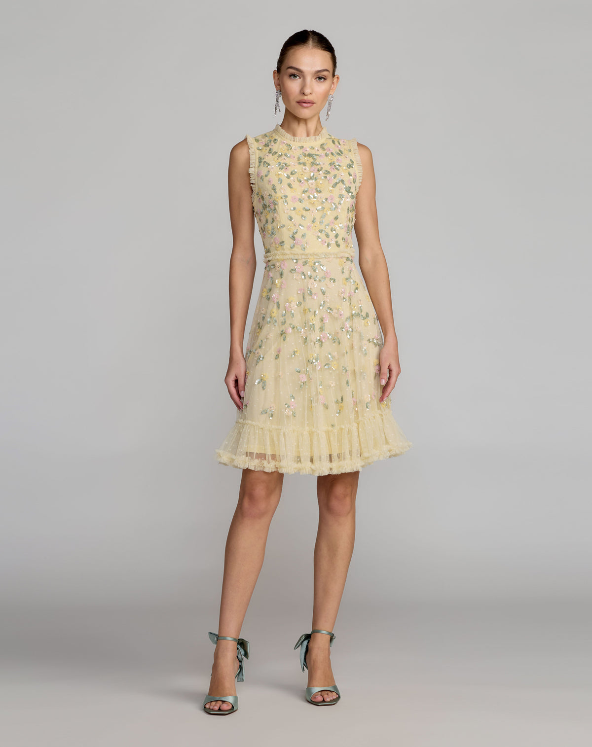 Mac Duggal 9474 lemon beaded mesh sleeveless ruffle hem mini dress - front view