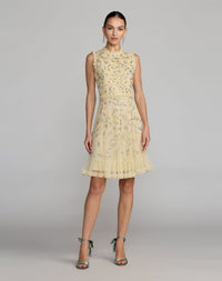 Mac Duggal 9474 lemon beaded mesh sleeveless ruffle hem mini dress - front view