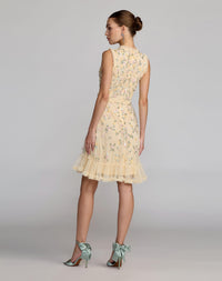 Lemon Beaded Mesh Sleeveless Ruffle Hem Mini Dress