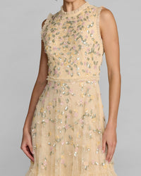 Lemon Beaded Mesh Sleeveless Ruffle Hem Mini Dress