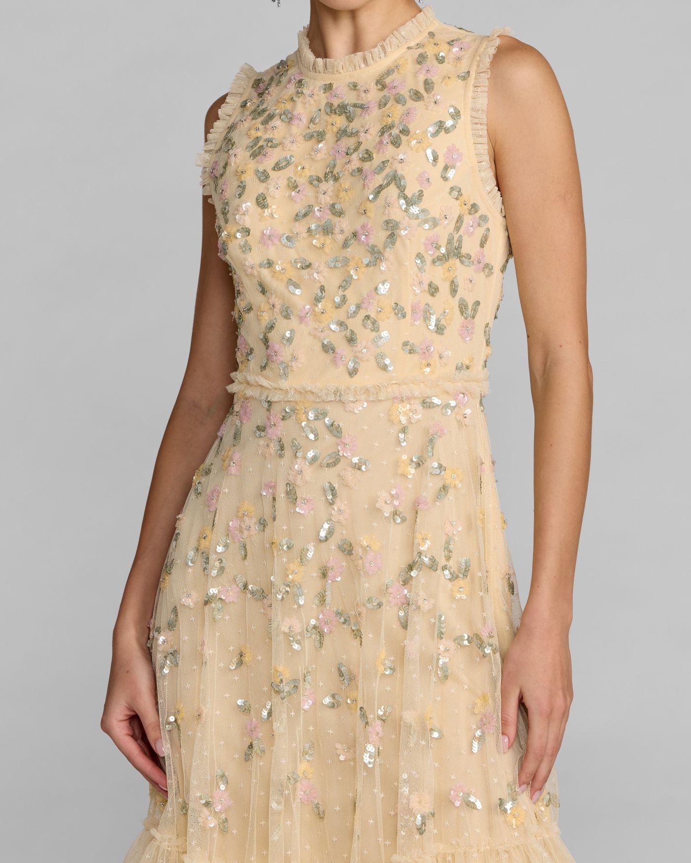 Lemon Beaded Mesh Sleeveless Ruffle Hem Mini Dress