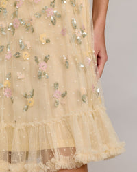 Lemon Beaded Mesh Sleeveless Ruffle Hem Mini Dress