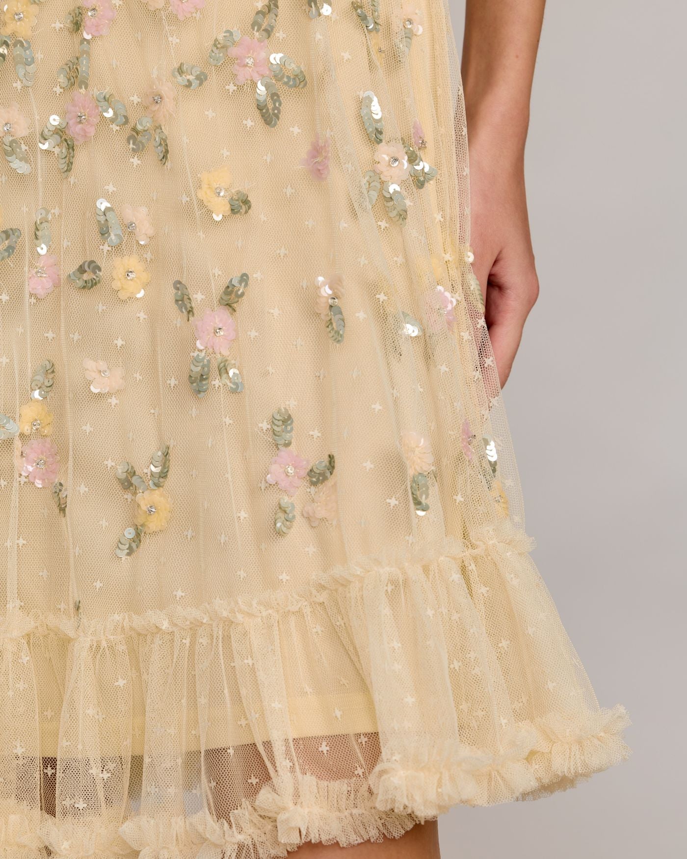 Lemon Beaded Mesh Sleeveless Ruffle Hem Mini Dress