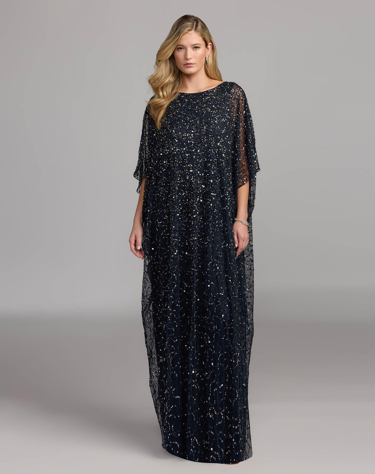 Mac Duggal #9475 midnight gold sequin embellished kaftan gown