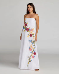 Mac Duggal 9498 White Multi strapless floral embroidered linen gown - front