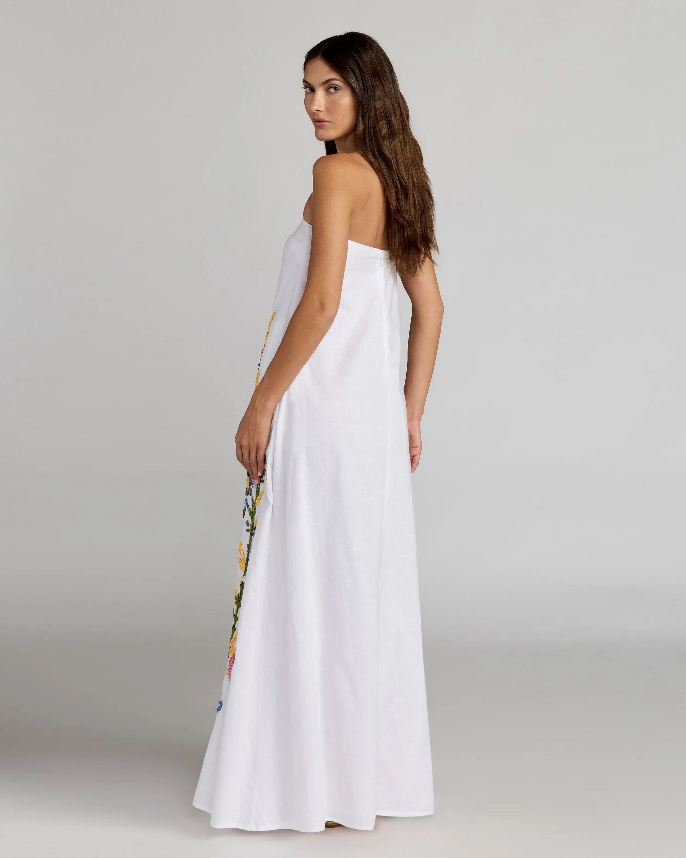 Mac Duggal 9498 White Multi strapless floral embroidered linen gown - back