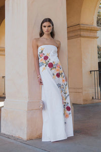 Mac Duggal 9498 White Multi strapless floral embroidered linen gown