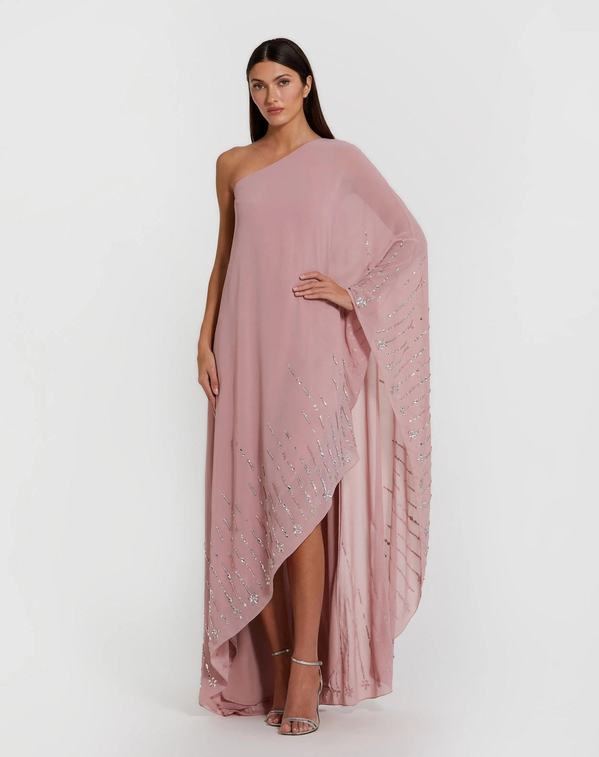 Model ecom shot wearing Mac Duggal Pink One Shoulder Embellished Trim Kaftan Gown #9517 front view 