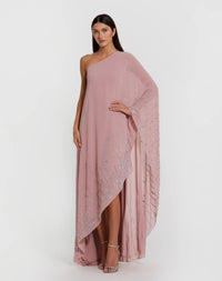 Model ecom shot wearing Mac Duggal Pink One Shoulder Embellished Trim Kaftan Gown #9517 front view 