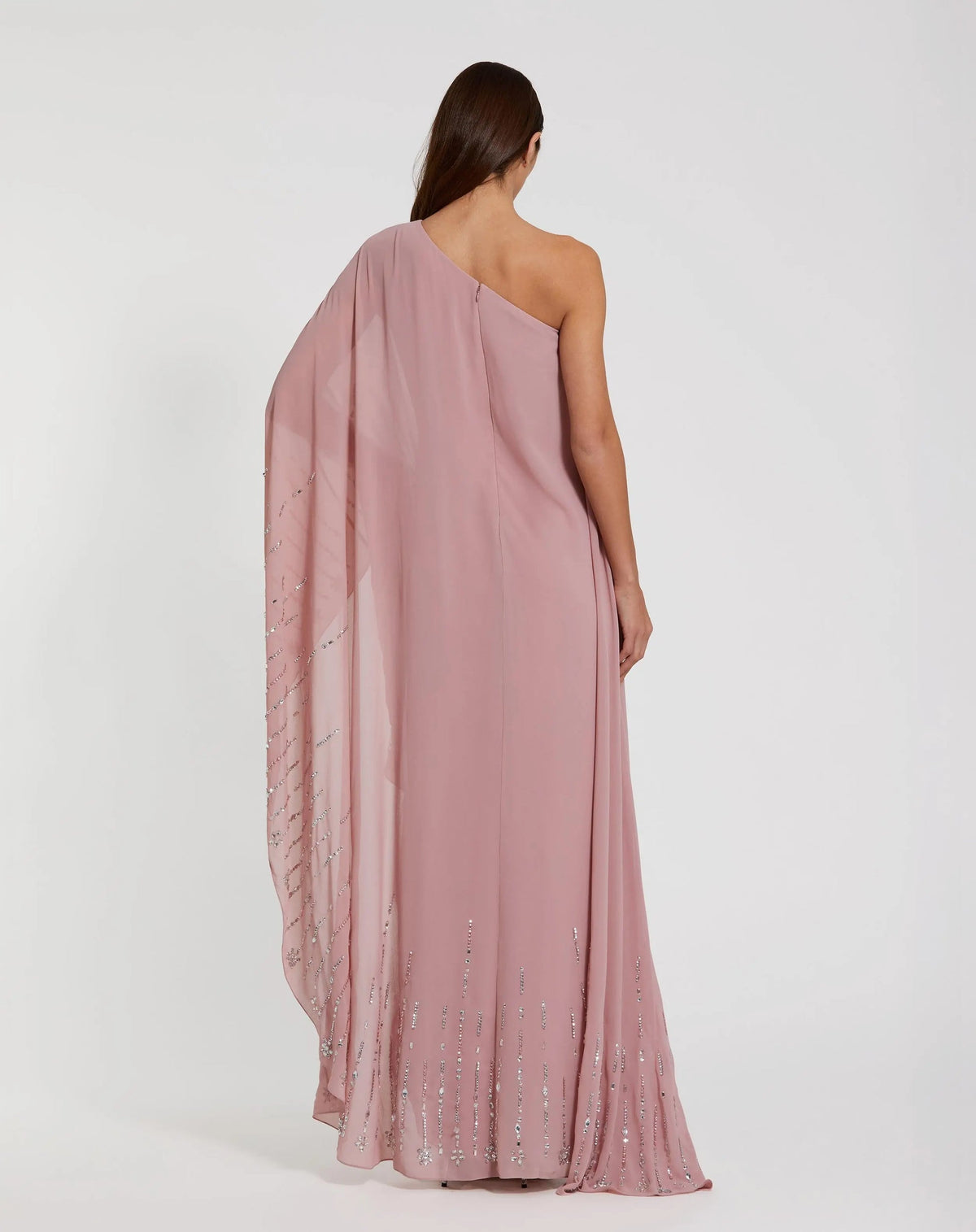 Back view of the Mac Duggal Pink One Shoulder Embellished Trim Kaftan Gown #9517