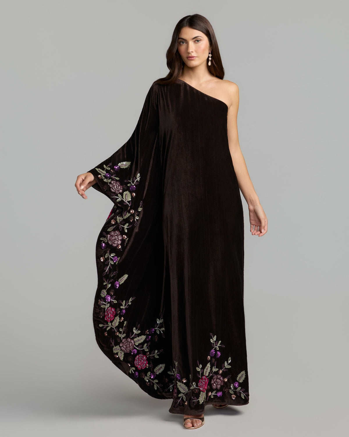 Mac Duggal #9523 aubergine multi embellished velvet kaftan gown