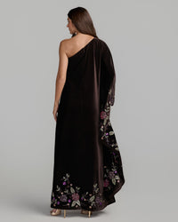 Mac Duggal #9523 aubergine velvet kaftan gown back view
