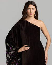 Mac Duggal #9523 aubergine velvet floral embellishment detail