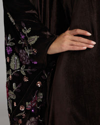 Mac Duggal #9523 aubergine cape sleeve detail