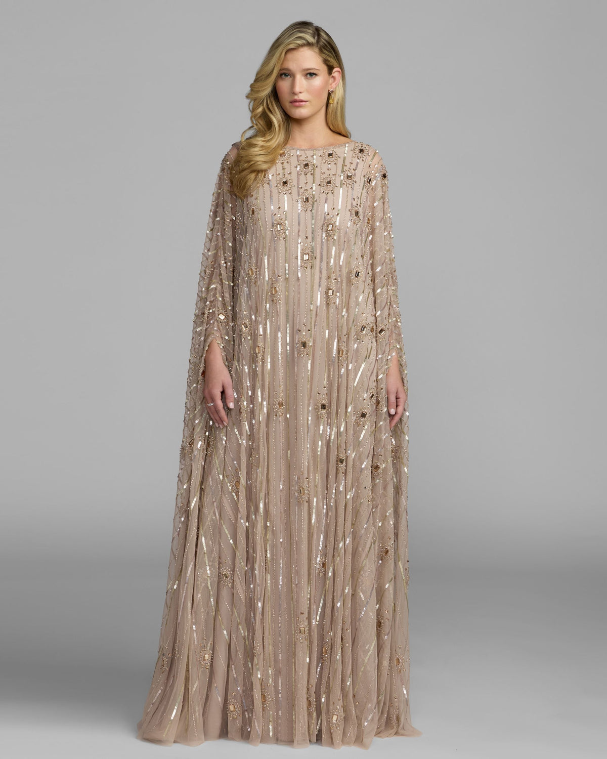 Mac Duggal #9526 champagne beaded boat neck kaftan gown